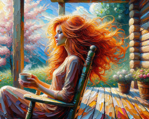 Woman with Red Hair on Porch Surrounded by Nature