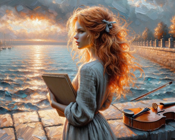 Young Woman by Waterfront at Sunset with Sketchbook