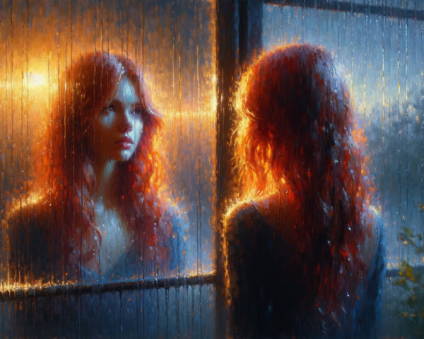 Woman with Red Hair Gazing Out a Rainy Window