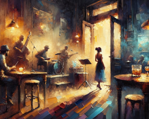 Dimly Lit Jazz Bar with Cozy Atmosphere and Music
