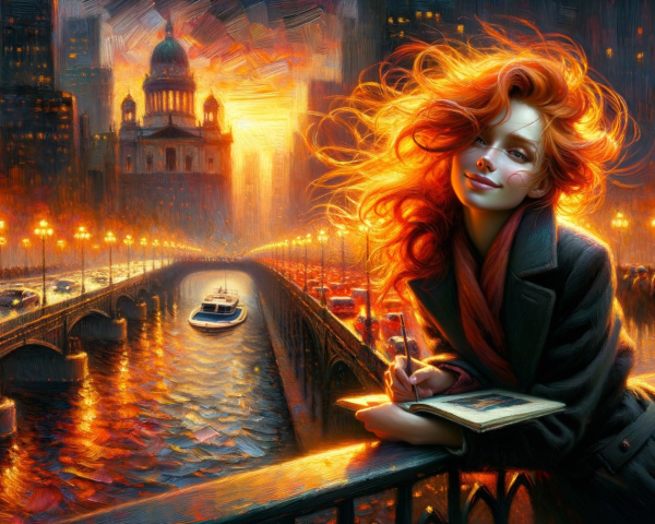 Vibrant Cityscape at Sunset with Historic Architecture