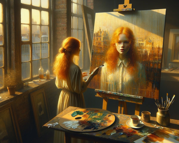 Young Woman Painting Abstract Portrait in Sunlit Studio