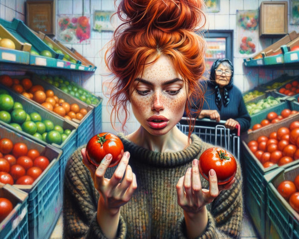 Young Woman Examines Tomatoes in Colorful Grocery Store