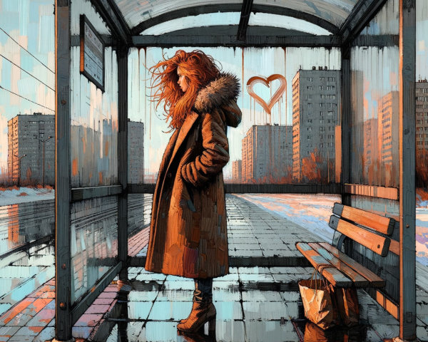 Woman at Bus Stop in Winter City Landscape