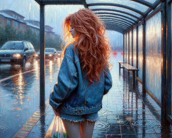 Young woman at a rainy bus stop with red hair