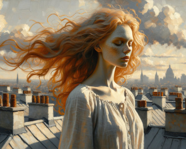 Young Woman with Red Hair on Rooftop Overlooking City