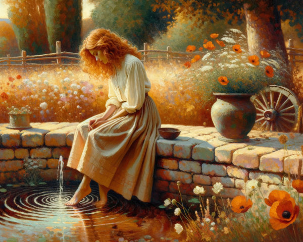 Young Woman by Stone Well in Sunlit Meadow