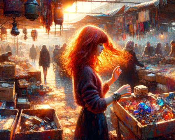 Vibrant Market Scene with Young Woman and Stalls