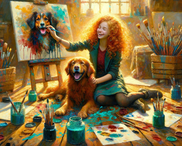 Young Girl Painting a Golden Retriever in Art Studio