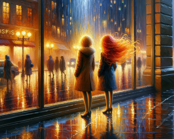 Figures by Window Overlooking Rainy Cityscape