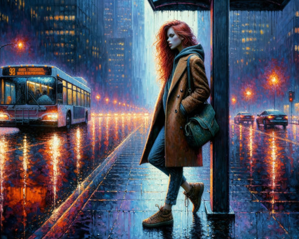 Impressionistic Rainy City Night Scene with Woman
