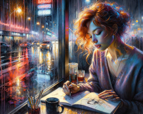 Young Woman Sketching by Café Window on Rainy Evening