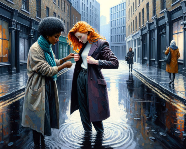 Women Assisting Each Other on a Wet Cobblestone Street