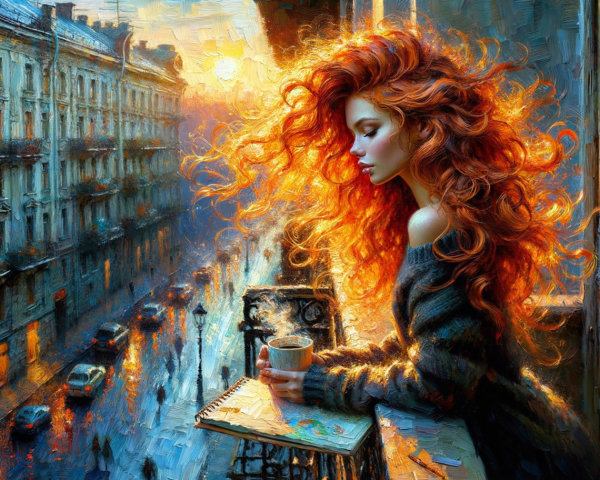 Young Woman with Red Hair on Balcony at Sunset
