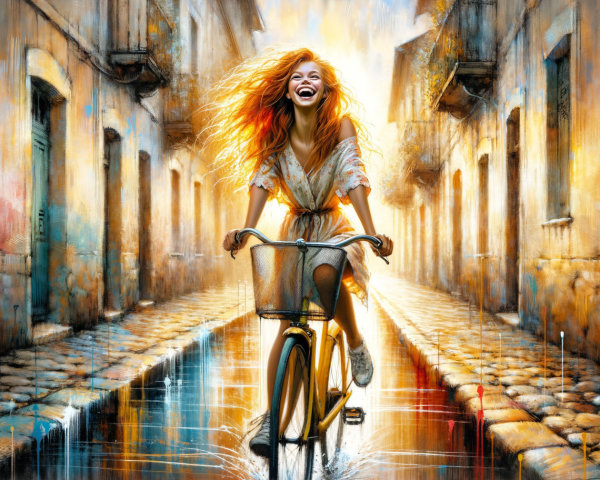 Young woman riding yellow bicycle on cobblestone street