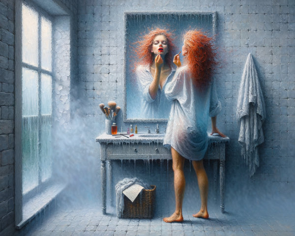 Frost-Covered Bathroom with Woman Applying Lipstick
