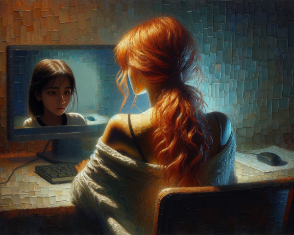 Young Woman at Desk with Computer Reflection