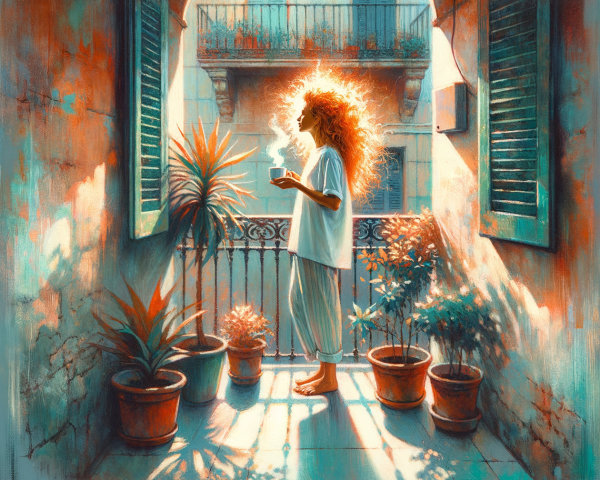 Woman on Balcony Enjoying Morning Sunlight