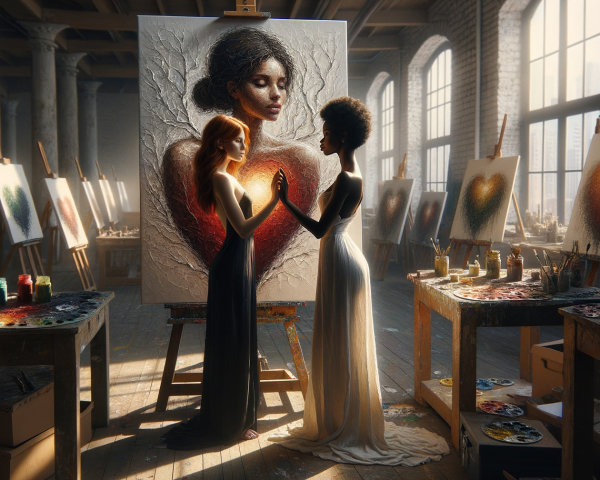 Art Studio Scene with Heart-Themed Canvas and Women