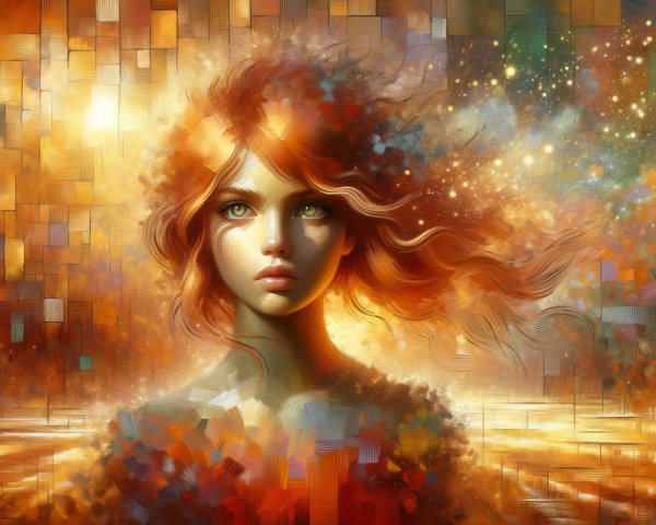 Portrait of a woman with vibrant red hair and green eyes