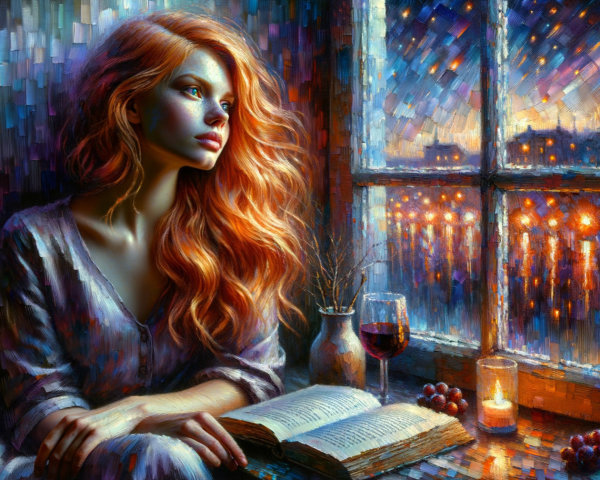 Serene Woman by Rain-Specked Window with Wine and Book
