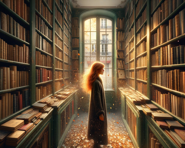 Young Woman in Serene Library with Sunlit Atmosphere