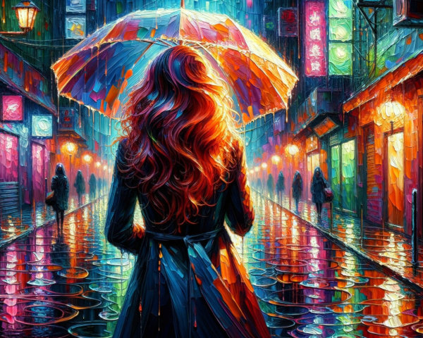 Neon Alleyway with Colorful Reflections and Umbrella