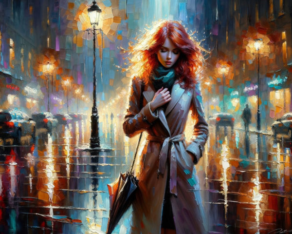 Woman with Red Hair on Rainy Street at Night