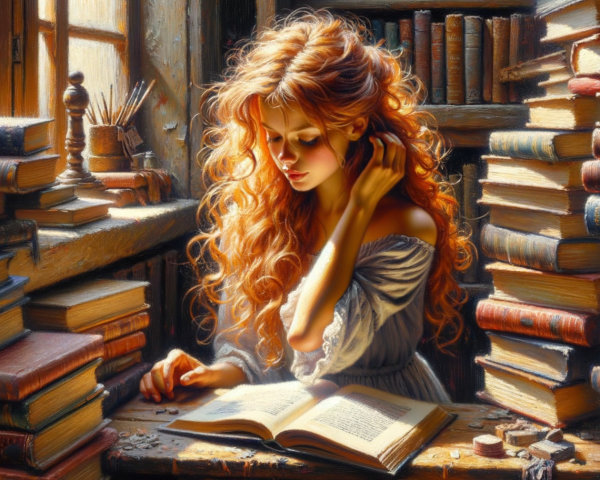 Young woman with red hair in a cozy library setting