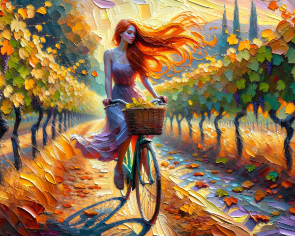 Young Woman Biking Through Colorful Vineyard Path