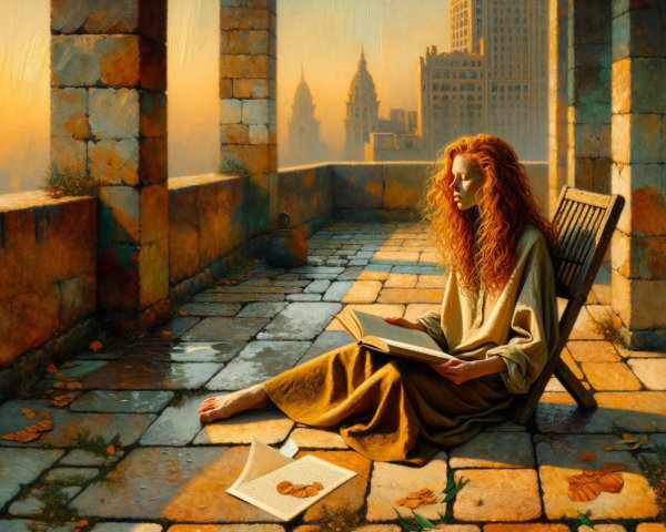 Woman with Red Hair Reading at Sunset on Terrace
