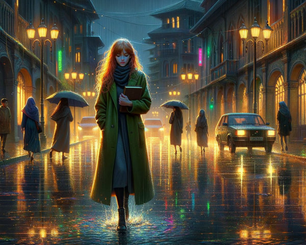 Woman with Red Hair in Rainy City Night Scene