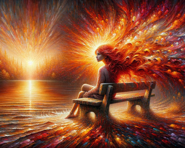 Woman by a shimmering lake at sunset with vibrant hair