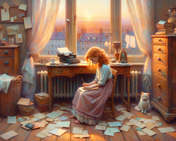 Vintage Room with Girl Writing and Cat Watching