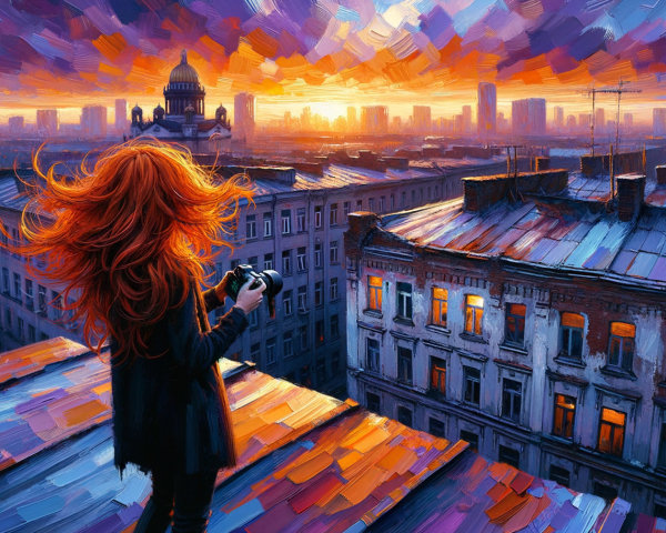 Woman with Red Hair Overlooking City Sunset