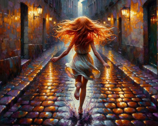 Girl with Red Hair Running on Cobblestone Street