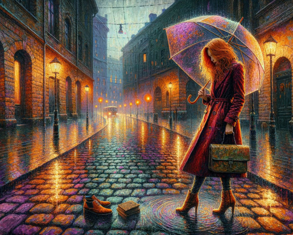 Rainy Street Scene with Woman in Red Coat and Umbrella