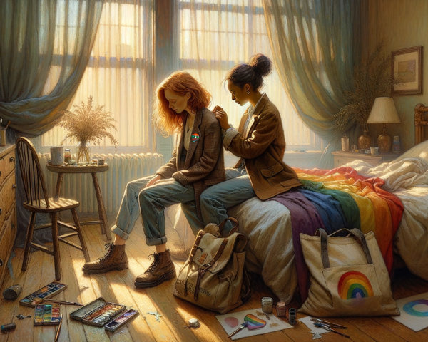 Two Friends in a Sunlit Bedroom with Cozy Decor