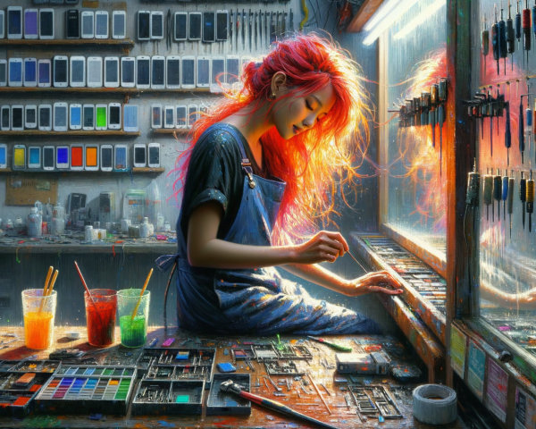 Colorful Workshop Scene with Young Woman Creating Device