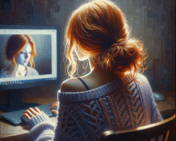 Young woman at desk in softly lit room with computer