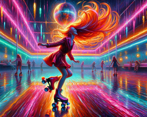 Vibrant Roller Disco Scene with Neon Lights and Skaters