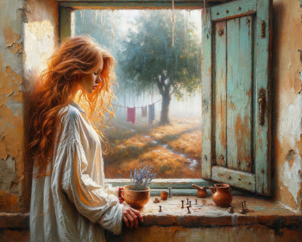 Woman with Red Hair in Rustic Window Scene