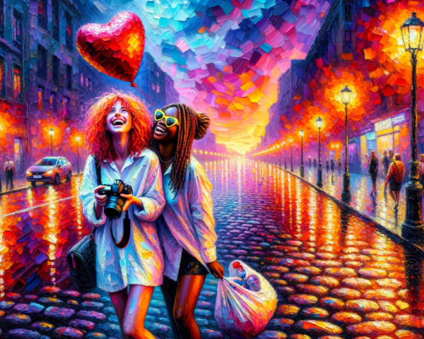 Joyful Women Strolling on Colorful Cobblestone Street