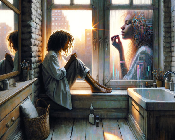Woman with curly hair sitting on a window sill