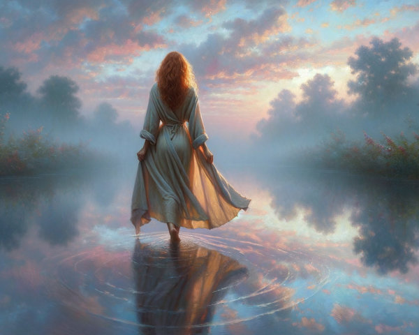 Woman in flowing gown by tranquil river at dawn