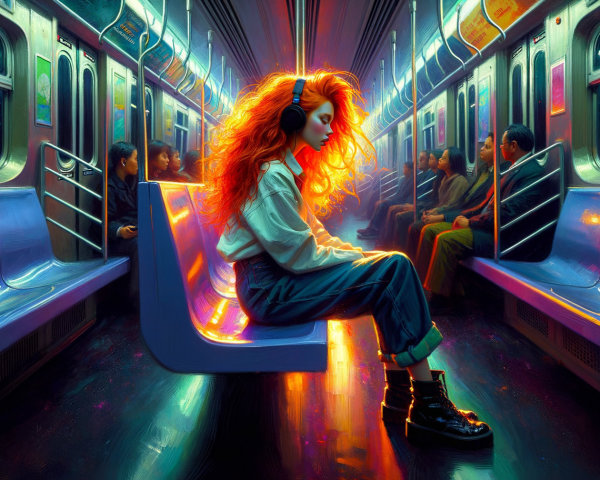 Young Woman with Red Hair in Vibrant Subway Car