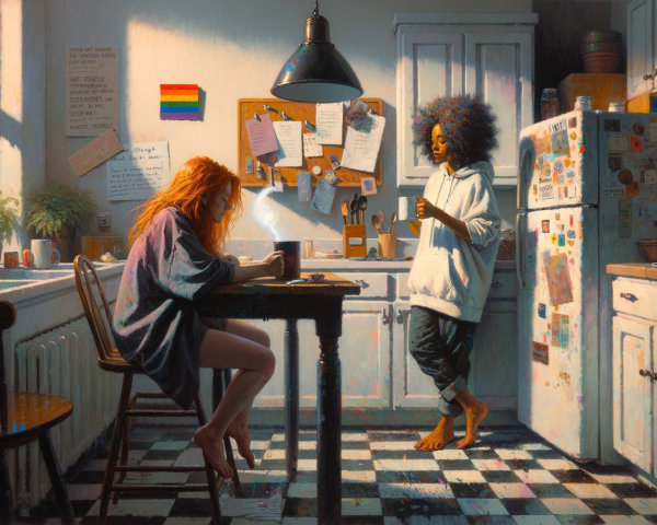 Cozy Kitchen Scene with Two Women and Mugs