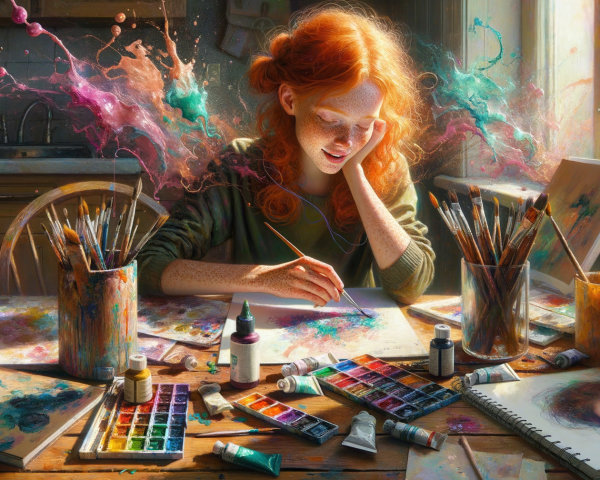 Young girl with red hair painting in a sunlit room