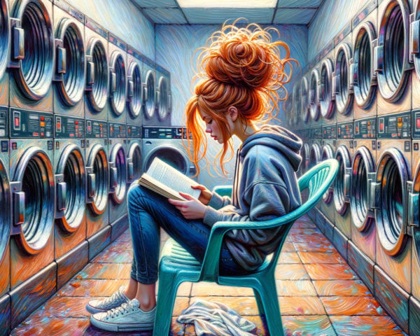 Young Woman Reading in a Bright Laundromat Setting
