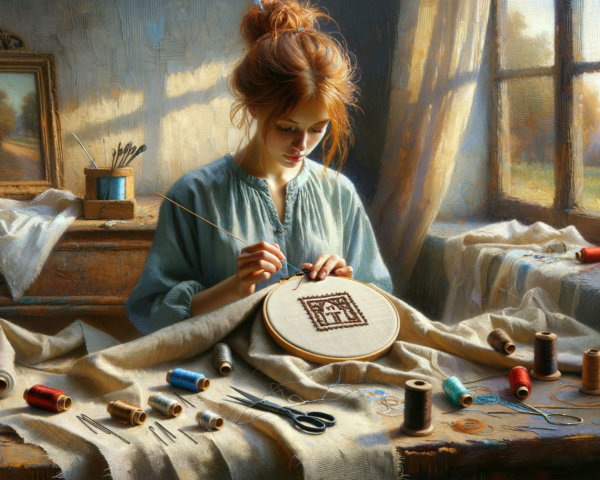 Young Woman Embroidering in a Sunlit Room